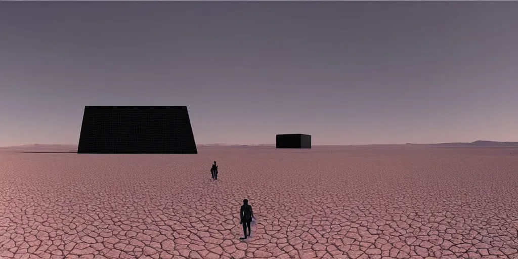 Prompt: an enormous tall alien black geometric rectangle in the desert, a large line of people are walking toward it in a line! starting at the foreground and ending at the building, single file, in the foreground on a rock is an alien creature catching a fly with its tongue, two suns are in the sky, clear skies, volumetric light, hyperdetailed, artstation, cgsociety, 8k