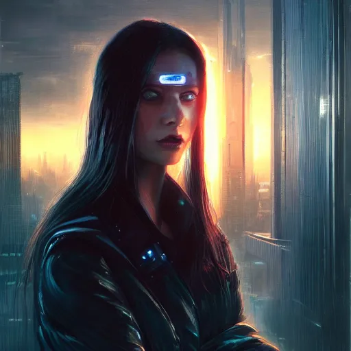 Image similar to portrait of a young beautiful cyberpunk woman, eye implants, black hair, sunset, neuromancer, cyberpunk city background, megacity, gorgeous view, depth, painted by seb mckinnon, high detail, digital art, painted by greg rutkowski, trending on artstation