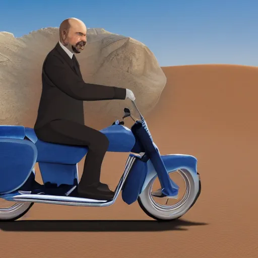 Image similar to a photo of vladimir lenin riding a motorbike, desert road, blue skies, hyper realistic, 4 k