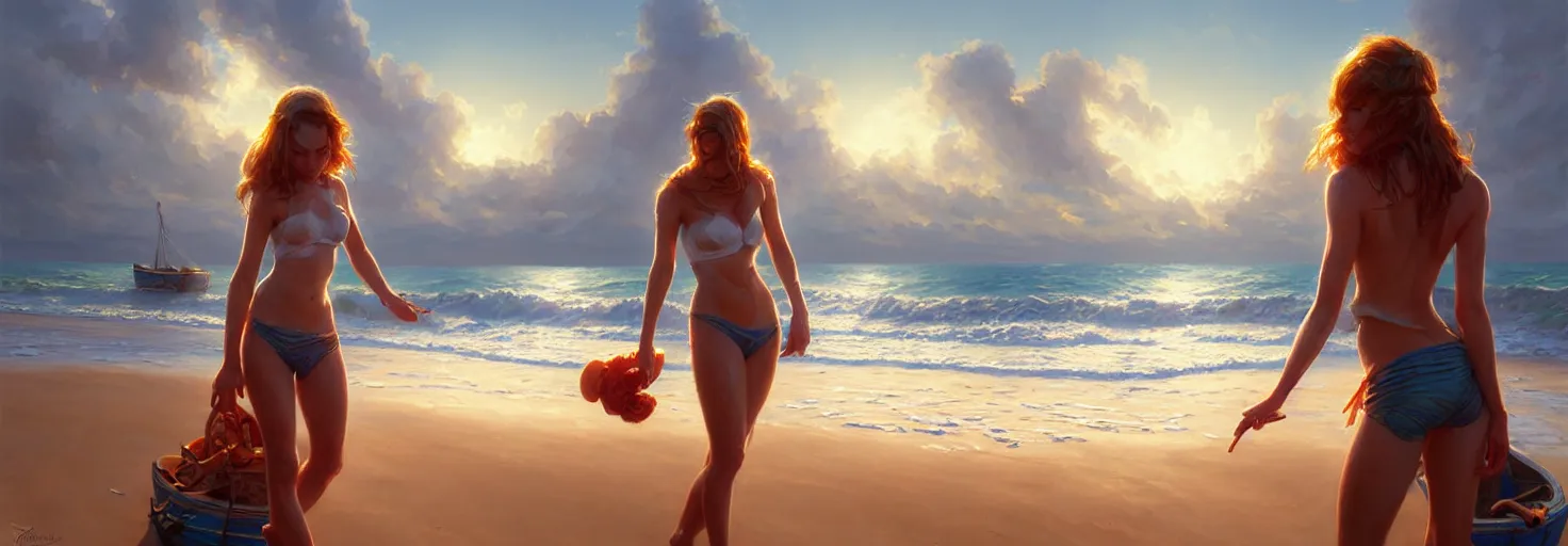 Prompt: bright sunny day on a beach, boats washed ashore, soft warm lighting, highly detailed, digital painting, trending on artstation, sharp focus, illustration, art by artgerm and greg rutkowski and magali villeneuve