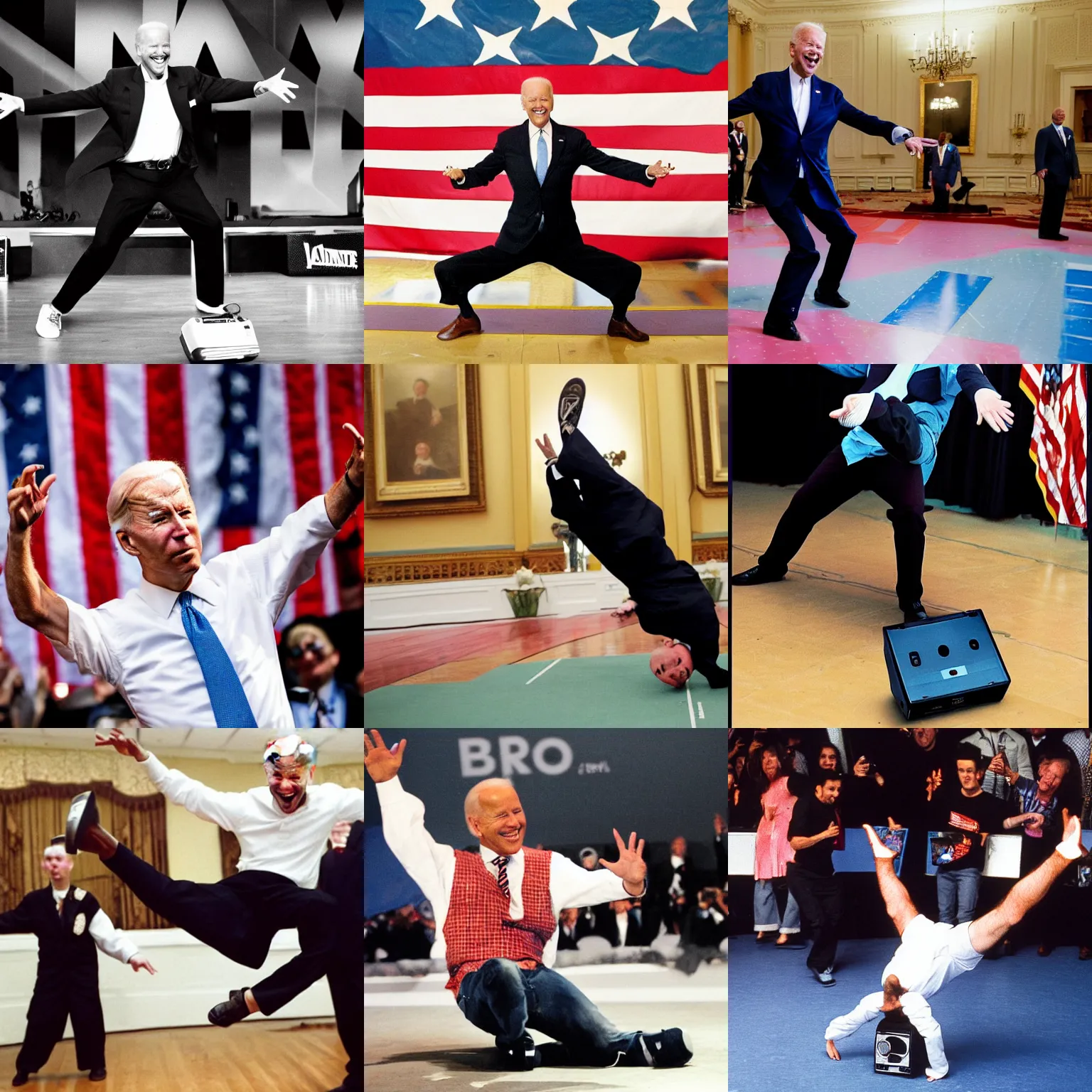 Prompt: biden with breakdancing carrying a boombox