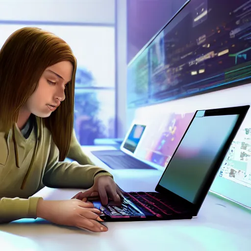 Image similar to realistic teenager using laptop in super tech room, artstation trends, concept art, highly detailed, intricate, sharp focus, digital art, 8 k