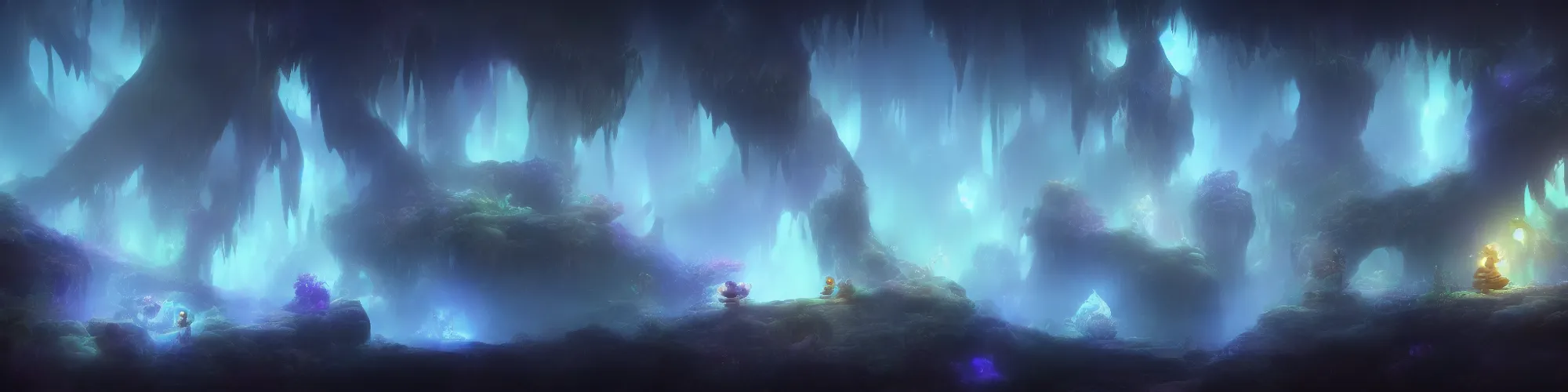 Image similar to huge crystal cave with cinematic lighting in the style of ori and the blind forest, highly detailed, digital art 4k, 8k