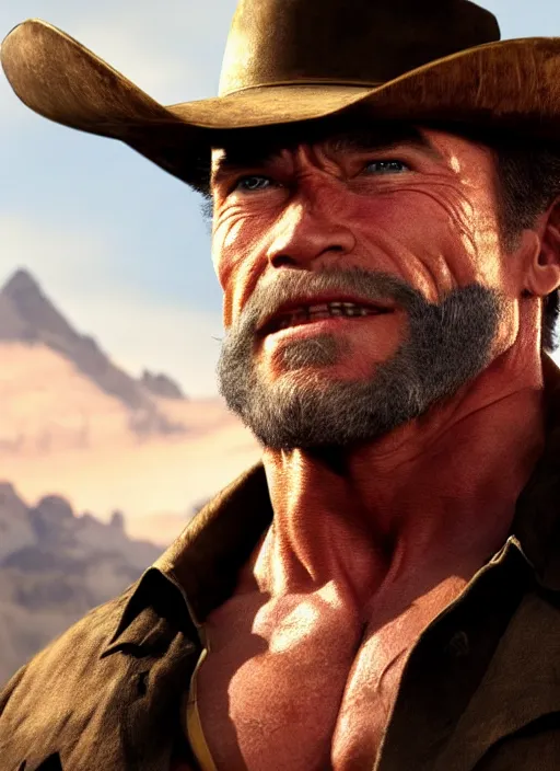 Prompt: an film still of arnold schwarzenegger as cowboy with beard, western background, unreal engine. amazing likeness. very detailed.