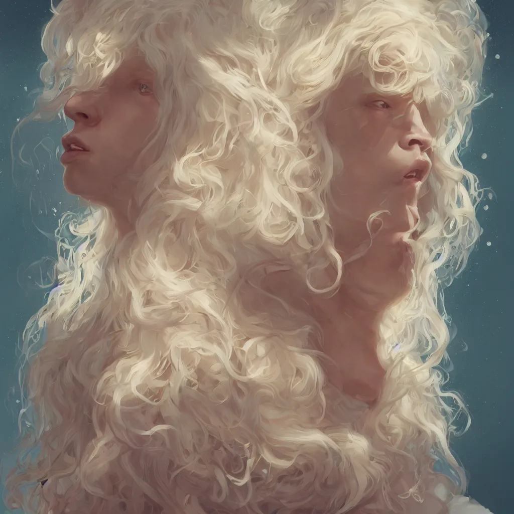 Prompt: prompt portrait of a beautiful androgynous blond man, albino pale white skin and long fluffy curly blond hair, Center parted curtain bangs, close up view, head and upper body, looking upward, fullface, light from above, by Peter Mohrbacher, trending on artstation, 8k