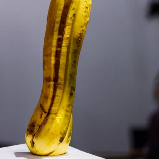 Prompt: A 24 karat gold plated banana on display at an auction.