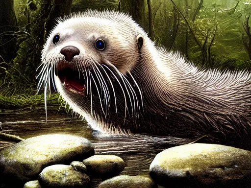 Prompt: ferocious otter spirit portrait, transparent otter. lowland forest stream background, blurred. digital illustration detailed digital illustration for mtg. dnd fantasy epic character illustration by seb mckinnon, background by john constable. 4 k paintbrush oil illustration