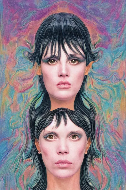 Prompt: Portrait of a woman with bangs in style of 80s surrealism art, hyper-detailed