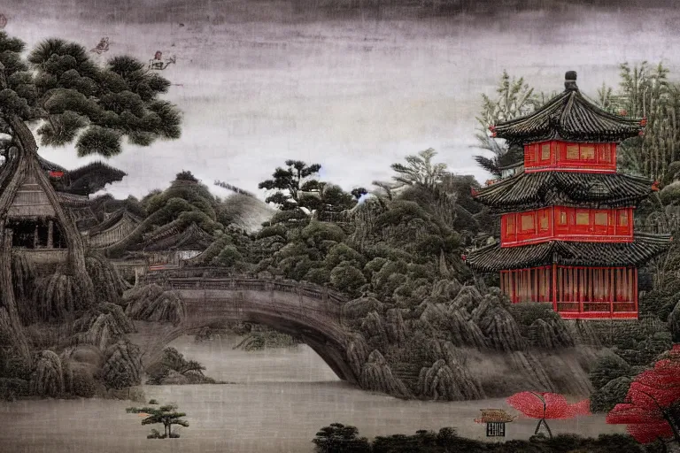 Prompt: in the rain, some ancient chinese houses, bridge, river mysterious and serene landscape, clouds, by sandro botticelli, trending on artstation