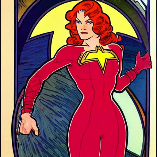 Prompt: a woman with red hair and a smirk. she is a superhero, wearing a superhero costume. well composed, clean elegant painting, beautiful detailed face. comic book art by steve ditko and jack kirby and ( alphonse mucha )