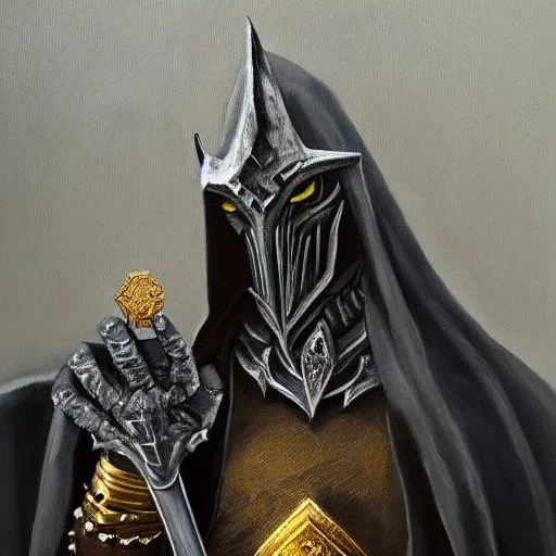 Image similar to an oil painting depicting the Witch King of Angmar, holding gold chains, portrait, high detail, painted my michelangelo, trending on artstation