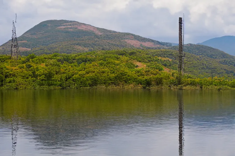 Image similar to a hill with a radio tower next to a lake, hills in background. telephoto lens photography.