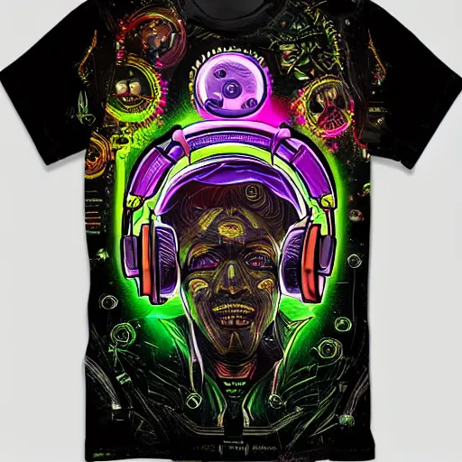 Prompt: mockup of a black tshirt with a hyperdetailed portrait of a steampunk robot with headphones on lsd, 8 k, symetrical, flourescent colors, trippy mood, multicolored,