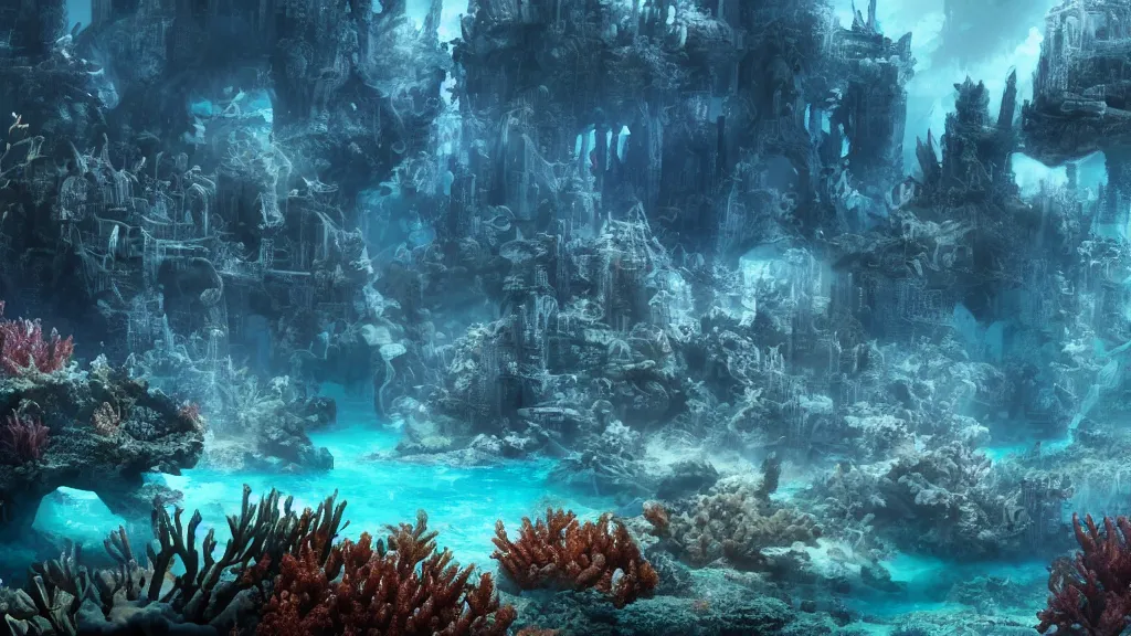 Image similar to an underwater city engulfed in corals, fantasy artwork, very very very beautiful scenery, hd, hdr, ue5, ue6, unreal engine 5, cinematic 4k wallpaper, 8k, ultra detailed, high resolution, artstation, award winning