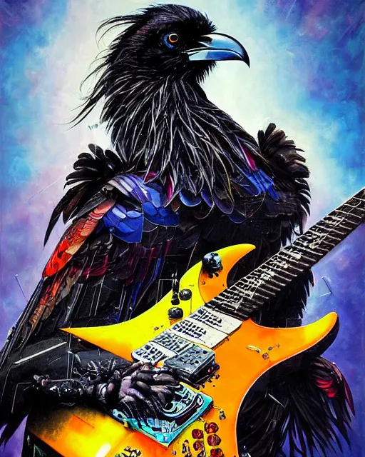 Prompt: a portrait of an anthropomorphic cyberpunk raven shredding an electric guitar by sandra chevrier, by jon foster, detailed render, tape deck, epic composition, cybernetics, 4 k realistic, cryengine, realistic shaded lighting, sharp focus, masterpiece, by enki bilal