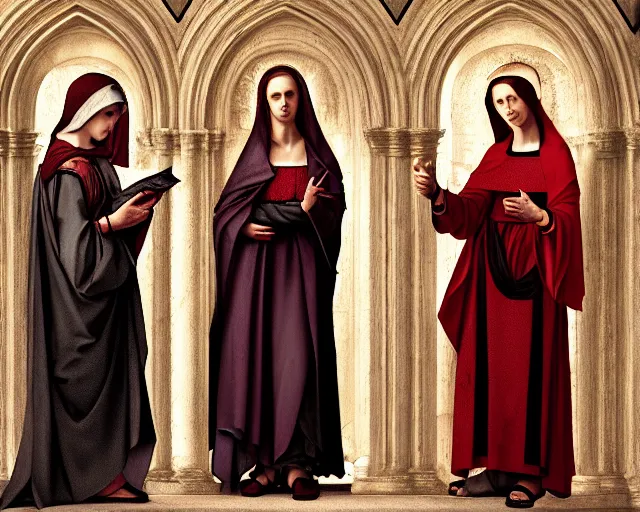 Image similar to photography of the three marys at the sepulchre, deep focus, biblical painting, illustration, art by artgerm and greg rutkowski and caravaggio