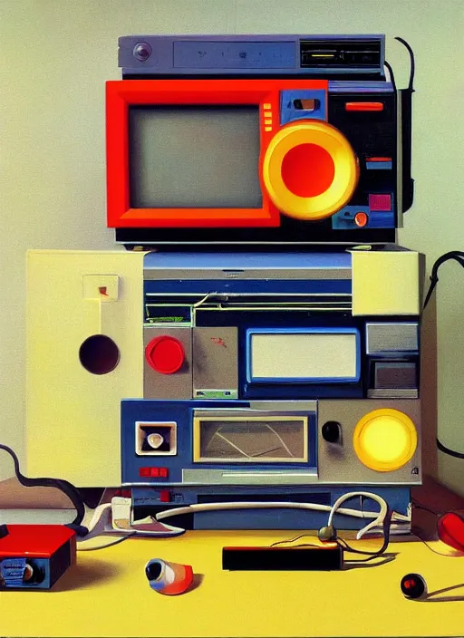 Prompt: still life 8 0 s era technology, vintage shapes, retro technology, happy color, wayne barlow, oil on canvas, deep depth field, masterpiece, cinematic composition, hyperdetailed