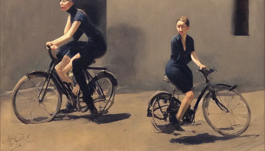 Image similar to painting by borremans, bella hadid riding a bike, detailed, stunning