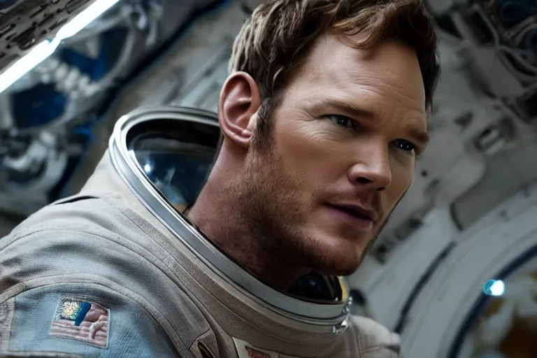 Prompt: medium shot of Chris Pratt as an astronaut in Interstellar (2014 film), detailed face, movie still, promotional image, imax 70 mm footage