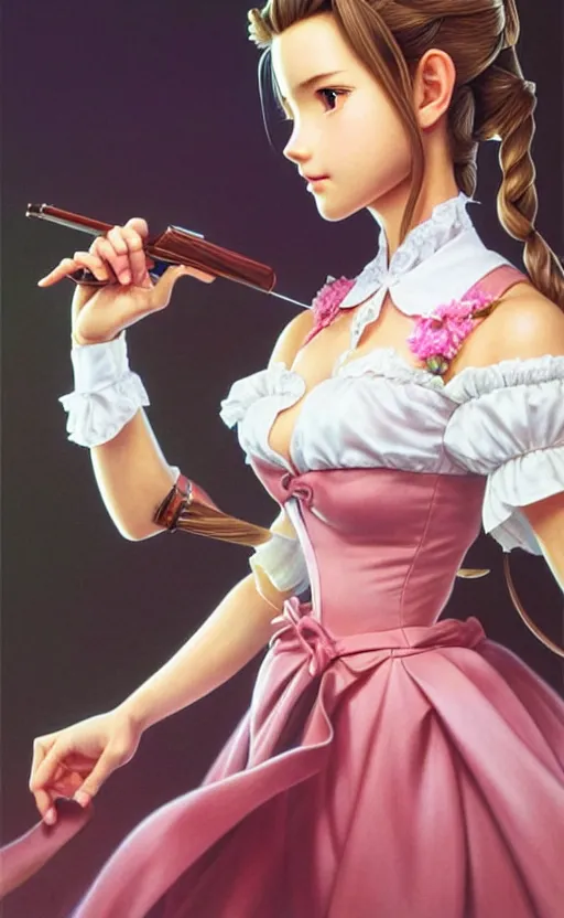 Image similar to aerith gainsborough as she appears in the godfather film. beautiful shadowing, 3 d shadowing, reflective surfaces, illustrated completely, 8 k beautifully detailed pencil illustration, extremely hyper - detailed pencil illustration, intricate, epic composition, very very kawaii, masterpiece, bold complimentary colors. stunning masterfully illustrated by artgerm and range murata.