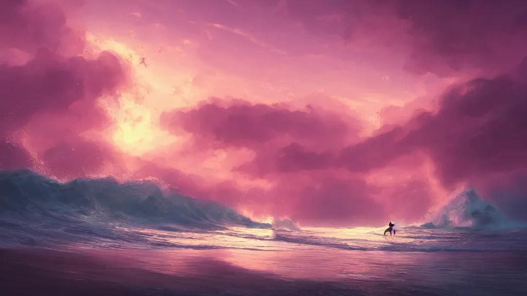 Prompt: a horse riding along a pink beach with impossibly large waves crashing against the shoreline, beautiful twilight sunset background, by sylvain sarrailh, rossdraws, ambient light, ultra detailed, fantasy artwork, 8 k, volumetric lighting, trending on artstation, award winning, very beautiful.