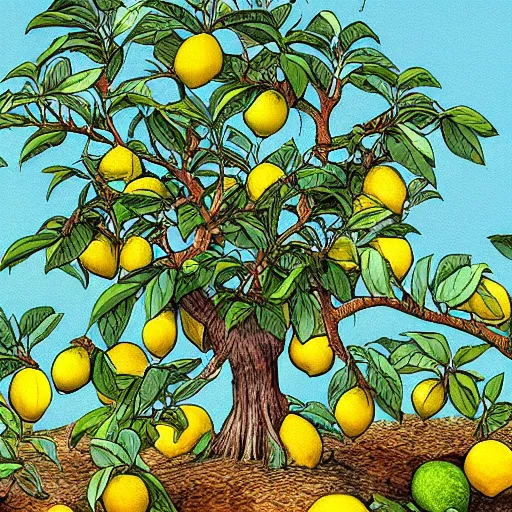 Prompt: a lemon tree with loaded with tons of lemons. the scene is detailed and beautiful, and combines the style of michael foreman, gyo fujikawa, and jane clarke.