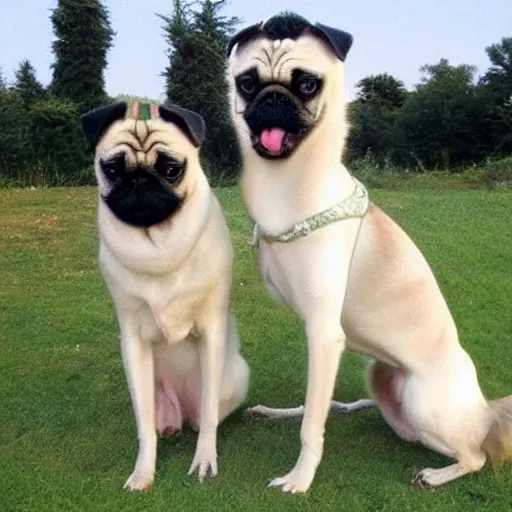 Image similar to pug dog and borzoi dog swap noses, funny dog photo, beautiful, strange