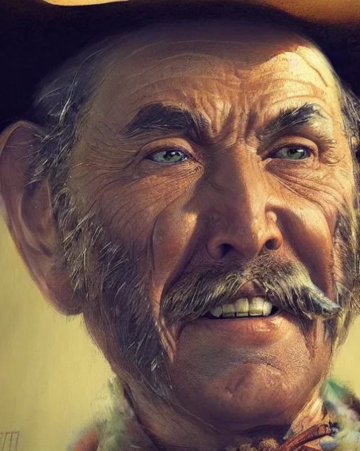 Prompt: a film still extreme close - up shot of an old cowboy outlaw in a saloon by esao andrews. vibrant. trending on artstation