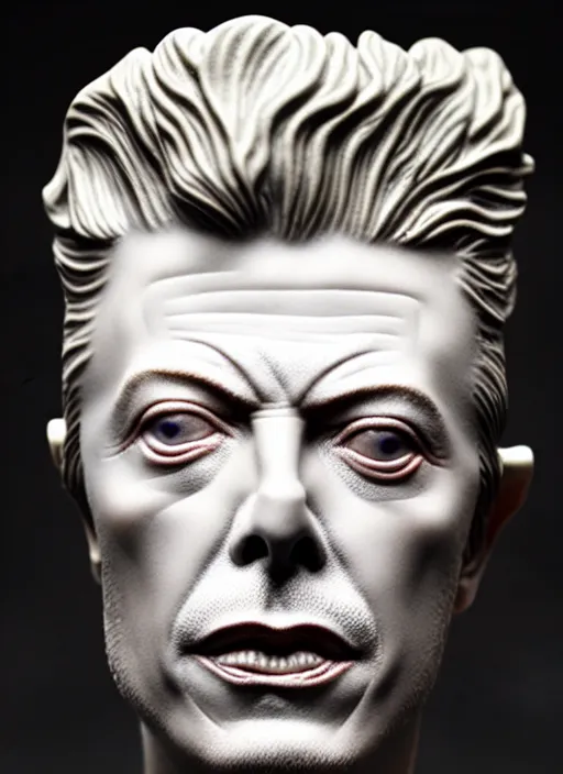 Image similar to David Bowie , A Close up photo-real delicate ceramic porcelain sculpture of a symmetrical ornate detailed in front of an intricate background by Victo Ngai and takato yamamoto, micro detail, backlit lighting, face in focus, subsurface scattering, translucent, thin porcelain, octane renderer, colorful, physically based rendering, japanese pottery, trending on cgsociety