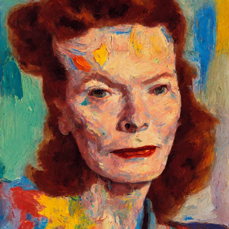 Prompt: close up studio portrait of Katherine Hepburn, age 30, gorgeous face, wearing a punk outfit in 1987, impasto heavy brushstrokes oil painting by Paula Modersohn Becker and Tim Hawkinson and Cy Twombly, Intense colors trending on artstation dramatic lighting Expressionism