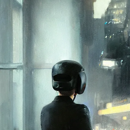 Prompt: rachael in vr helmet sitting next to deckard from bladerunner by jeremy mann and edward hopper