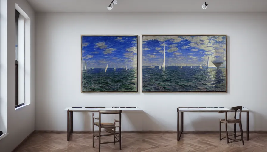 Prompt: interior futuristic art gallery wide angle highly detailed by santiago calatrava, three wall hanging paintings famous pieces by monet!, captivating 8 k hdr, octane render godrays hyperrealism