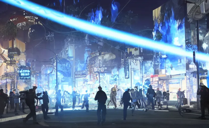 Image similar to people with posters attacking cops in front a huge blue spiral - shaped bright white luminous attractor that is floating and stores in los angeles with light screens all over the street, concept art, art for the game, professional lighting, night lighting from streetlights