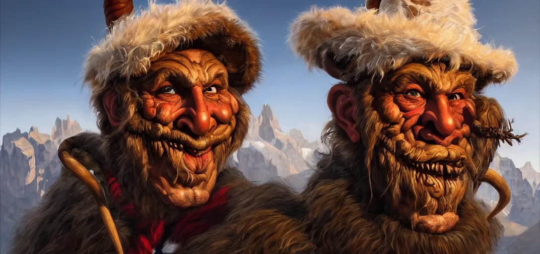 Image similar to a portrait of a tyrolean krampus mask wearing farmer , bavarian hat, dolomites in the background, illustration, soft lighting, soft details, painting oil on canvas by mark arian by artgerm, trending on artstation, 4k, 8k, HD