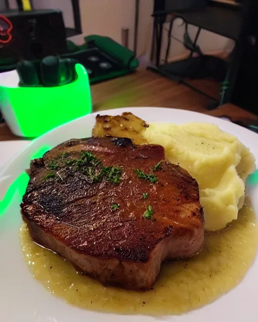 Image similar to porkchops and mashed potatoes made out of green gaming LED, HD, trending on artstation, instagram post, /r/razer,