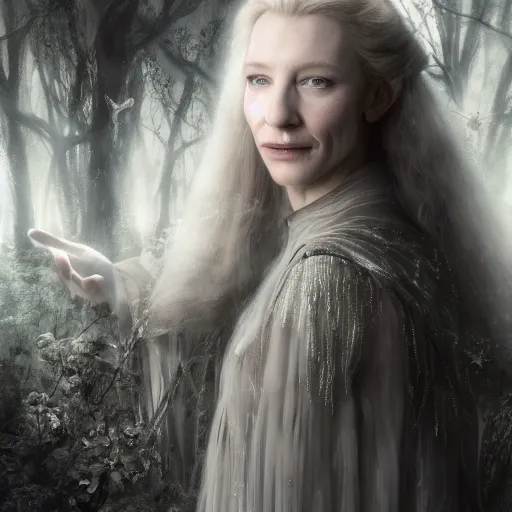 Prompt: portrait of ((mischievous)), baleful, young (Cate Blanchett) as Galadriel with a slight smile as a queen of fairies, dressed in a beautiful silver dress. The background is a dark, creepy eastern europen forrest. lumnious, photorealistic, dreamlike, (mist filters), theatrical, character concept art by ruan jia, John Anster Fitzgerald, thomas kinkade, and trending on Artstation