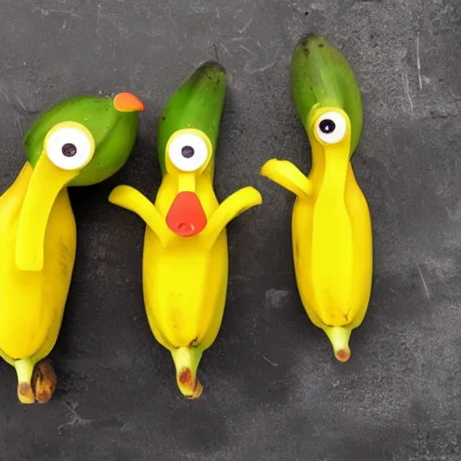 Image similar to banana ducks, peeled bananas with googly eyes and duck beaks