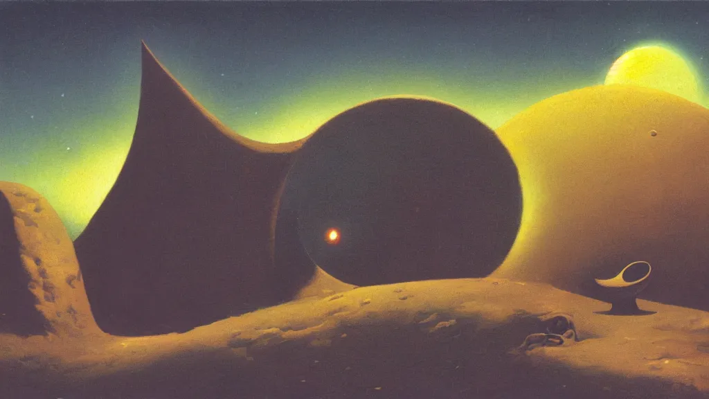 Image similar to mysterious sculpture of an alien crescent moon by paul lehr and john schoenherr, cinematic matte painting