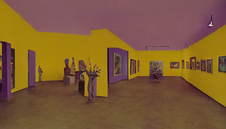 Prompt: 60s movie still of a sovietic stalinist style antique art museum with light yellow wall, LOMOCHROME PURPLE FILM 100-400 35MM, liminal Space style, heavy grain