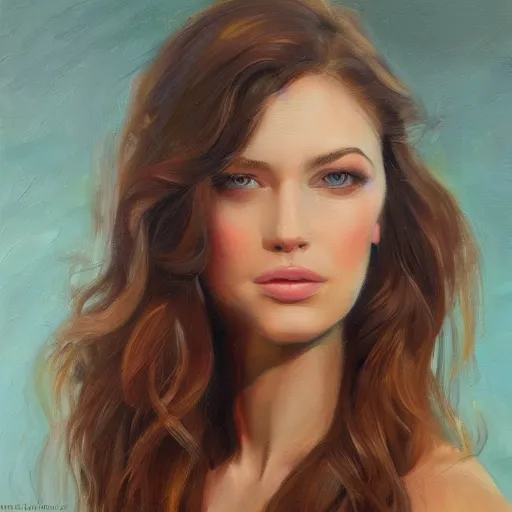 Image similar to beautiful portrait face centre oil on canvas of brunette with wavy hair Lilli Hollunder, art by Alina Ivanchenko, Rob Ross, WLUP, artgerm