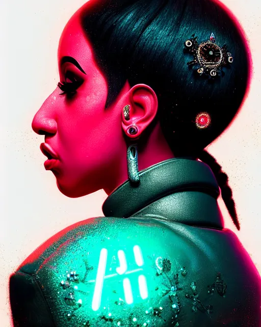 Image similar to detailed side profile portrait of Cardi B, cyberpunk futuristic neon, reflective puffy coat, decorated with traditional Japanese ornaments by Ismail inceoglu dragan bibin hans thoma greg rutkowski Alexandros Pyromallis Nekro Rene Maritte Illustrated, Perfect face, fine details, realistic shaded, fine-face, pretty face