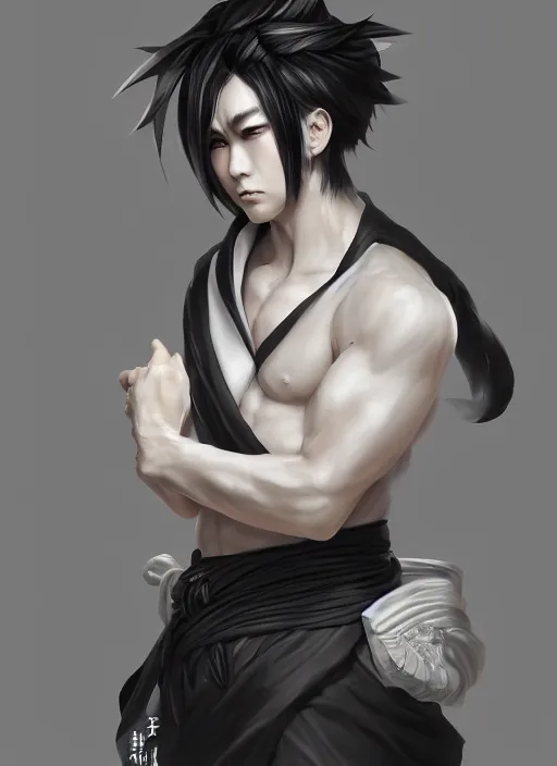 Create an anime portrait of a young man who is very muscular, handsome,  with skin as white as snow, short black hair, and dressed in a black -  AI Generated Artwork 