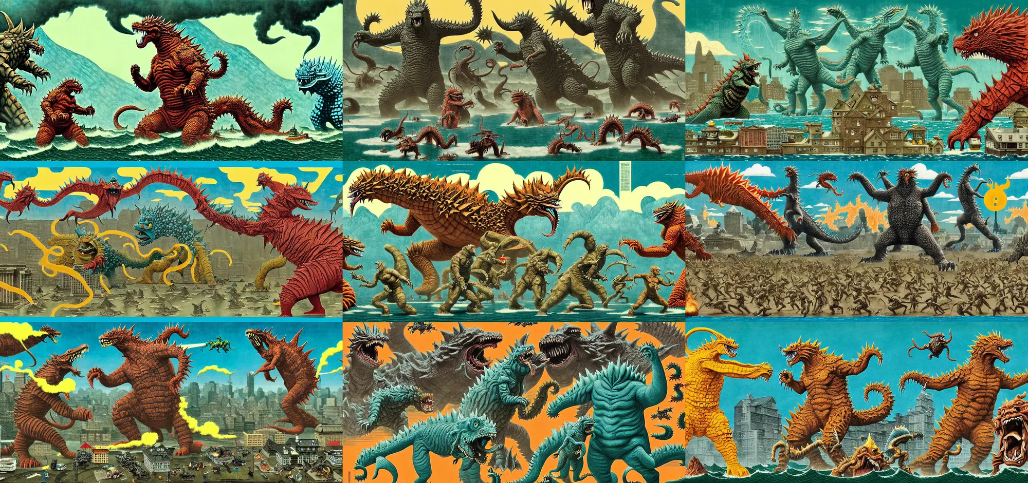 Prompt: an epic kaiju battle, in the style of a highly detailed mural by wes anderson and norman rockwell