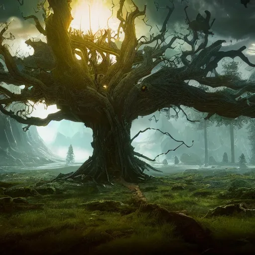 Prompt: landscape of elden ring, giant glowing tree, beautiful, rpg, dnd, video game 4 k