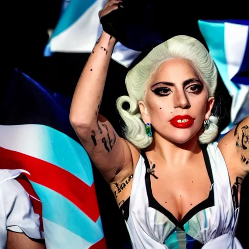 Image similar to Lady Gaga as Evita, Argentina presidential rally, Argentine flags behind, bokeh, epic photo, detailed face, Argentina