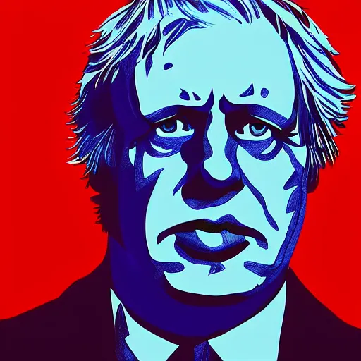 Prompt: dramatic digital drawing of boris johnson as the terminator (1984), one eye is red and glowing, half face skeleton, cinematic lighting