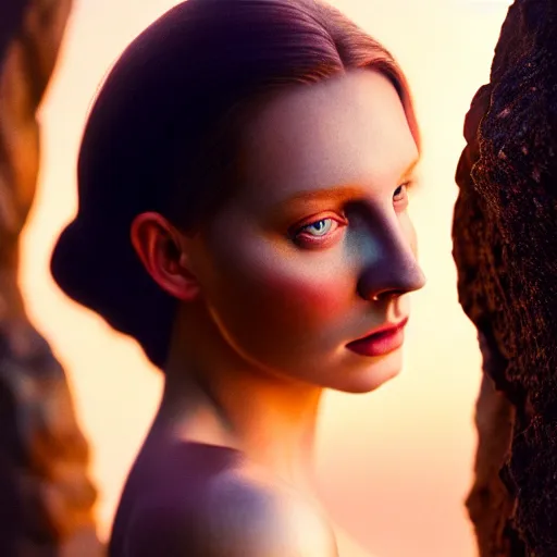 Image similar to photographic portrait of a stunningly beautiful renaissance female with iridescent magic glow, in soft dreamy light at sunset, contemporary fashion shoot, by edward robert hughes, annie leibovitz and steve mccurry, david lazar, jimmy nelsson, extremely detailed, hyperrealistic, perfect face, octane render