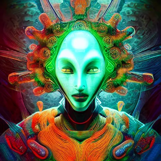Prompt: Face of a Alien Deity, corals, circuitry, plume made of geometry, extremly detailed digital painting, sharp focus in the style of android jones, artwork of a futuristic artificial intelligence superstar, mystical colors, rim light, beautiful lighting, 8k, stunning scene, raytracing, octane, under water visual distortion, dark tones colors, trending on artstation