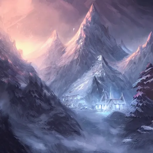 Image similar to dark fantasy concept art of a snow mountain with a small village on it at night, dynamic lighting, ambient lighting, atmospherical, stunning visuals, creative, cinematic, ultra detailed trending on art station, 8k quality, lonely vibe