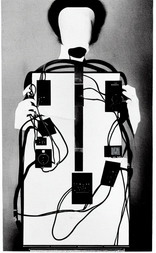 Image similar to a minimalist portrait of Marcel Duchamp holding computer cables in the style of Annie Leibovitz, Irving Penn, Hito Steyerl, Akira Kurosawa, Shinya Tsukamoto, line drawing and 35mm film, wide angle, monochrome, futuristic tetsuo